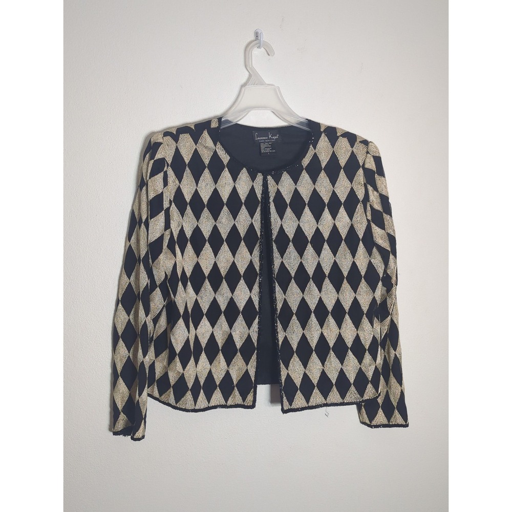 Vintage Laurence Kazar Womens Silk Beaded Harlequin Diamond Jacket Glam Large
